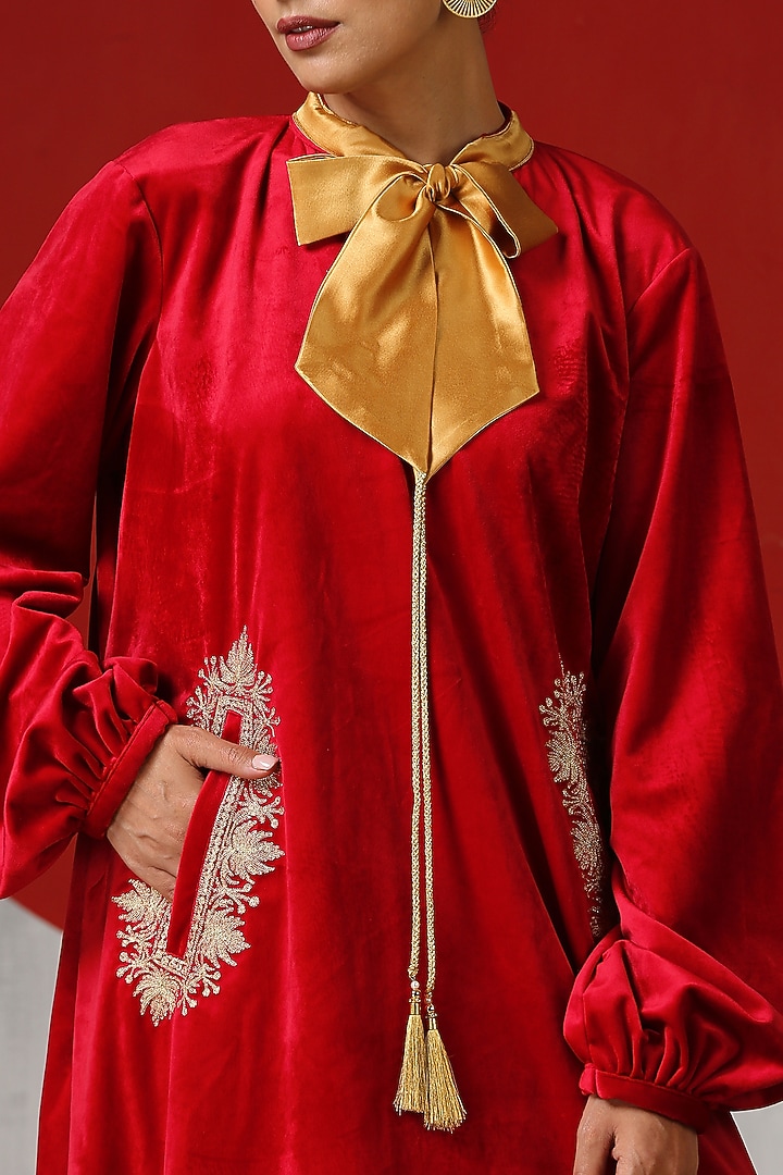 Red Velvet Embroidered Summer Dress by Wazir C at Pernia's Pop Up Shop