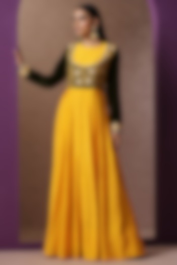 Yellow & Green Velvet Corset Gown by Wazir C