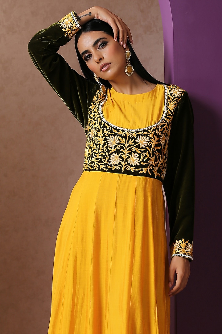 Yellow & Green Velvet Corset Party Wear Gown by Wazir C at Pernia's Pop Up Shop