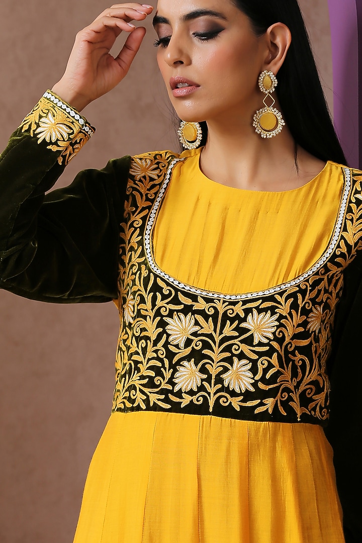 Yellow & Green Velvet Corset Party Wear Gown by Wazir C at Pernia's Pop Up Shop