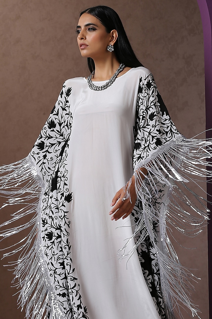 White Crepe Embroidered Kaftan by Wazir C at Pernia's Pop Up Shop