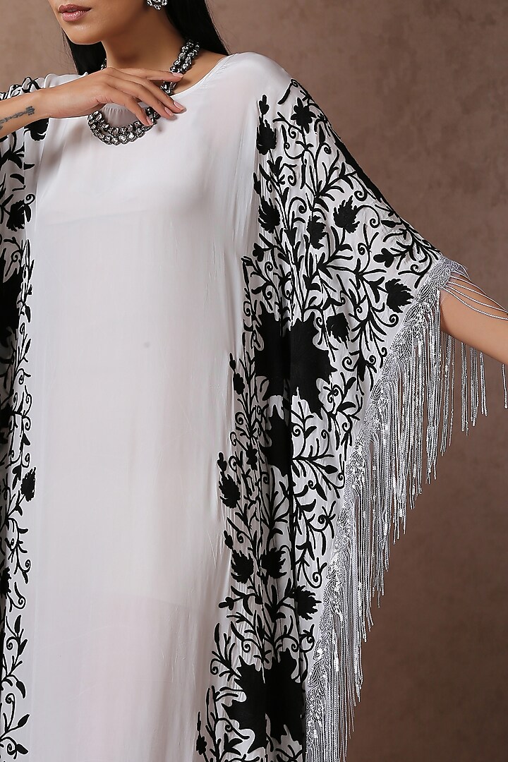 White Crepe Embroidered Kaftan by Wazir C at Pernia's Pop Up Shop