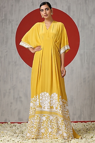 Royal Yellow Crepe Embroidered Kaftan by Wazir C