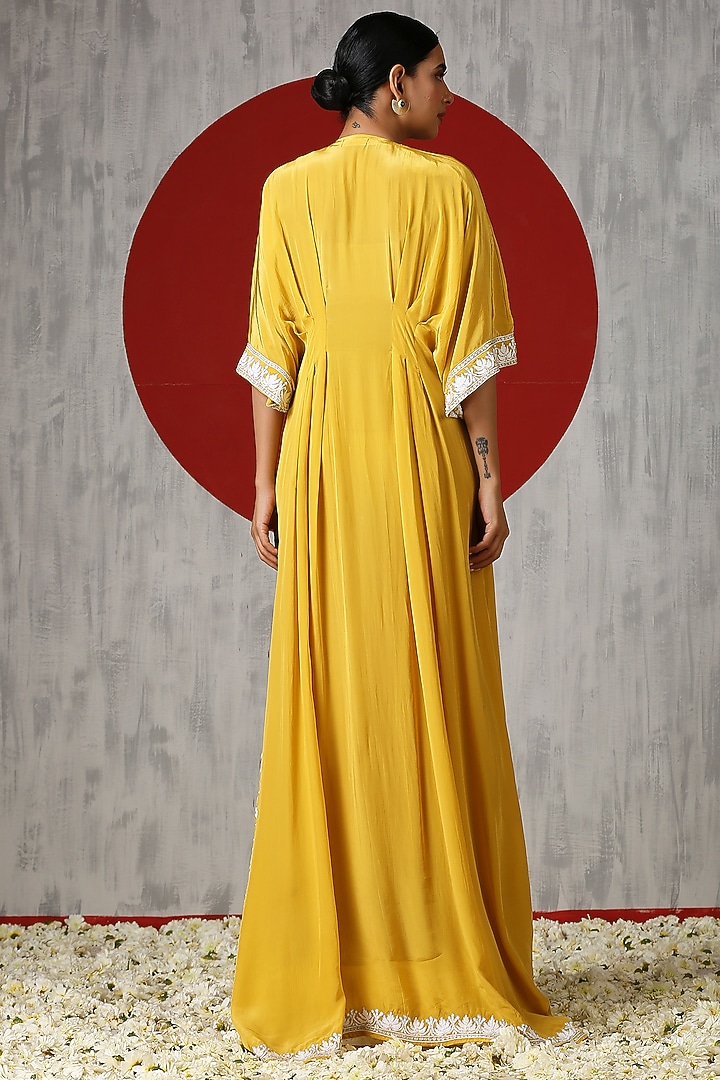 Royal Yellow Crepe Embroidered Kaftan by Wazir C at Pernia's Pop Up Shop