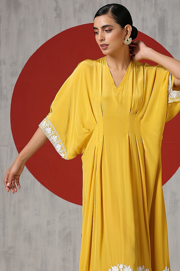 Royal Yellow Crepe Embroidered Kaftan by Wazir C at Pernia's Pop Up Shop