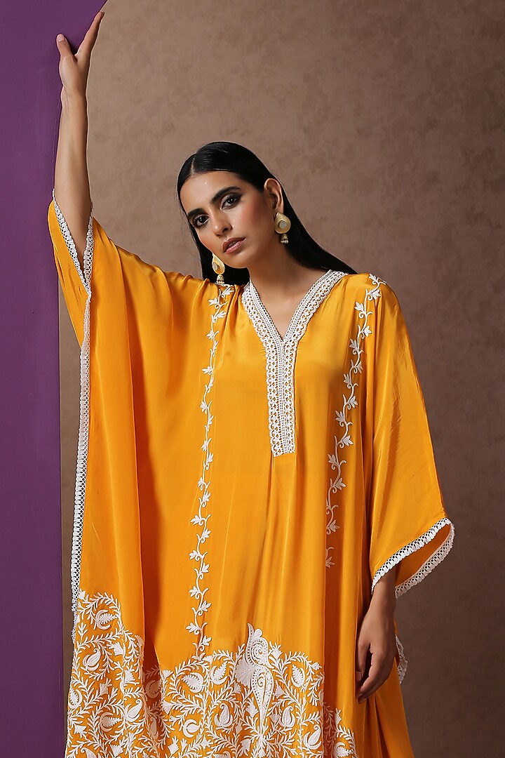 Mustard Crepe Embroidered Kaftan Set by Wazir C at Pernia's Pop Up Shop