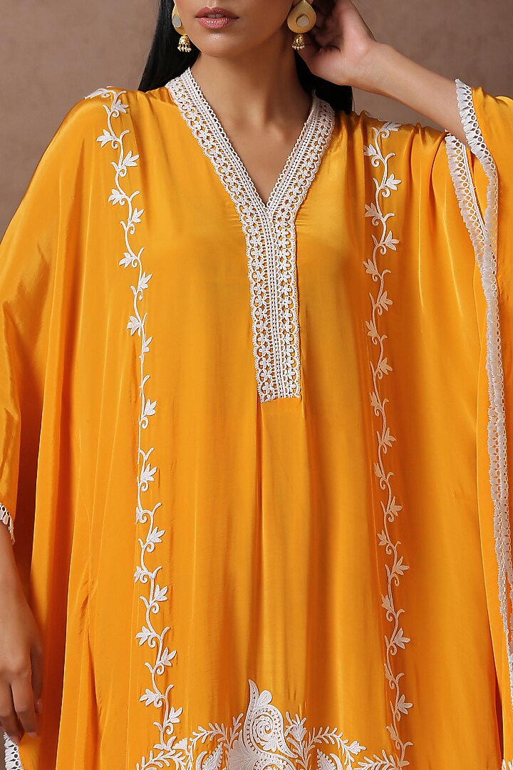 Mustard Crepe Embroidered Kaftan Set by Wazir C at Pernia's Pop Up Shop