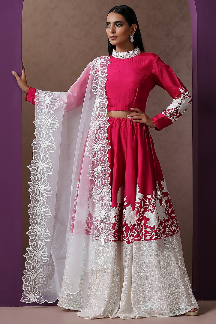 Hot Pink & White Silk Embroidered Lehenga Set by Wazir C at Pernia's Pop Up Shop