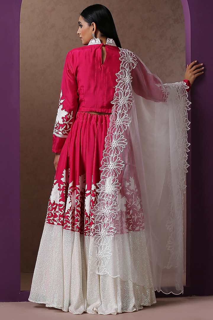 Hot Pink & White Silk Embroidered Lehenga Set by Wazir C at Pernia's Pop Up Shop