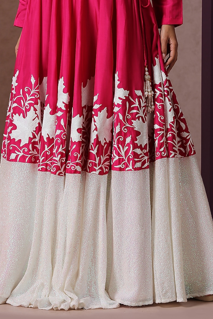 Hot Pink & White Silk Embroidered Lehenga Set by Wazir C at Pernia's Pop Up Shop