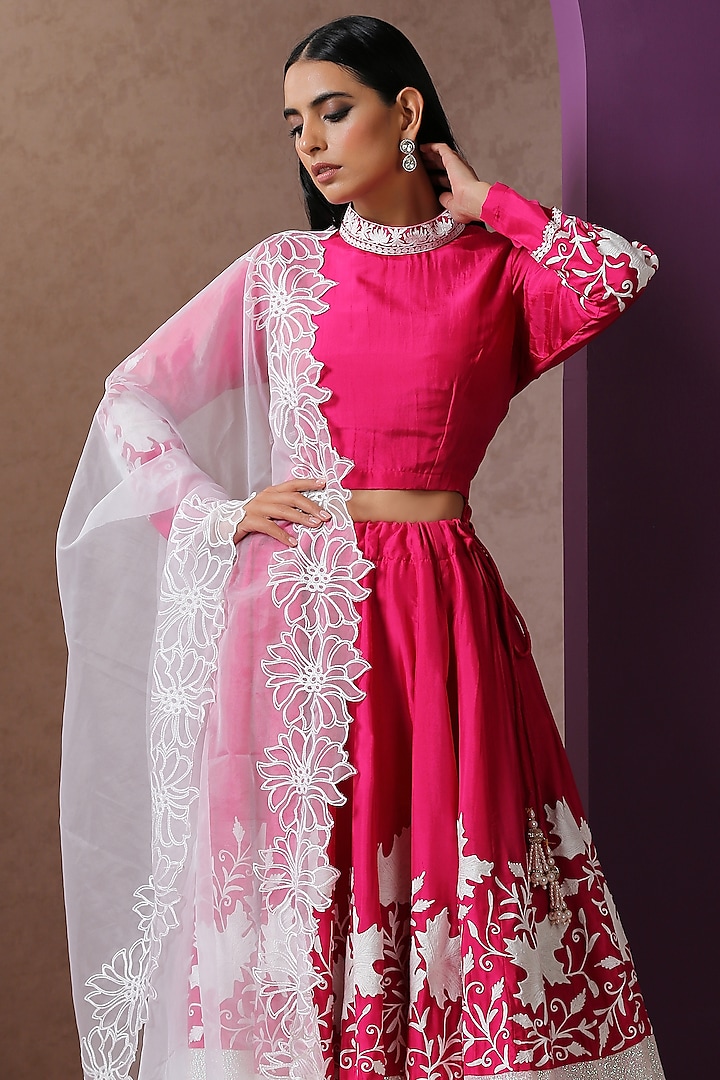 Hot Pink & White Silk Embroidered Lehenga Set by Wazir C at Pernia's Pop Up Shop