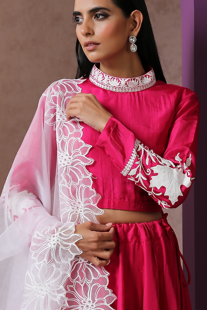 Hot Pink & White Silk Embroidered Lehenga Set by Wazir C at Pernia's Pop Up Shop