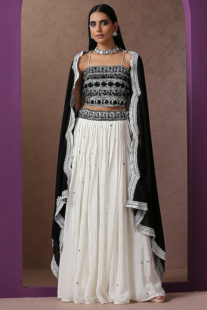 White Georgette & Crepe Embroidered Lehenga Set by Wazir C at Pernia's Pop Up Shop