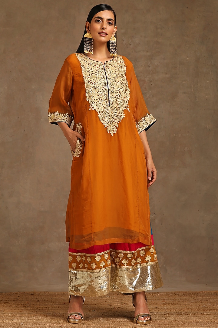 Mustard Organza Embroidered Pheran Kurta Set by Wazir C at Pernia's Pop Up Shop