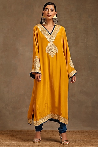 Mustard Crepe Embroidered Pheran Kurta Set by Wazir C