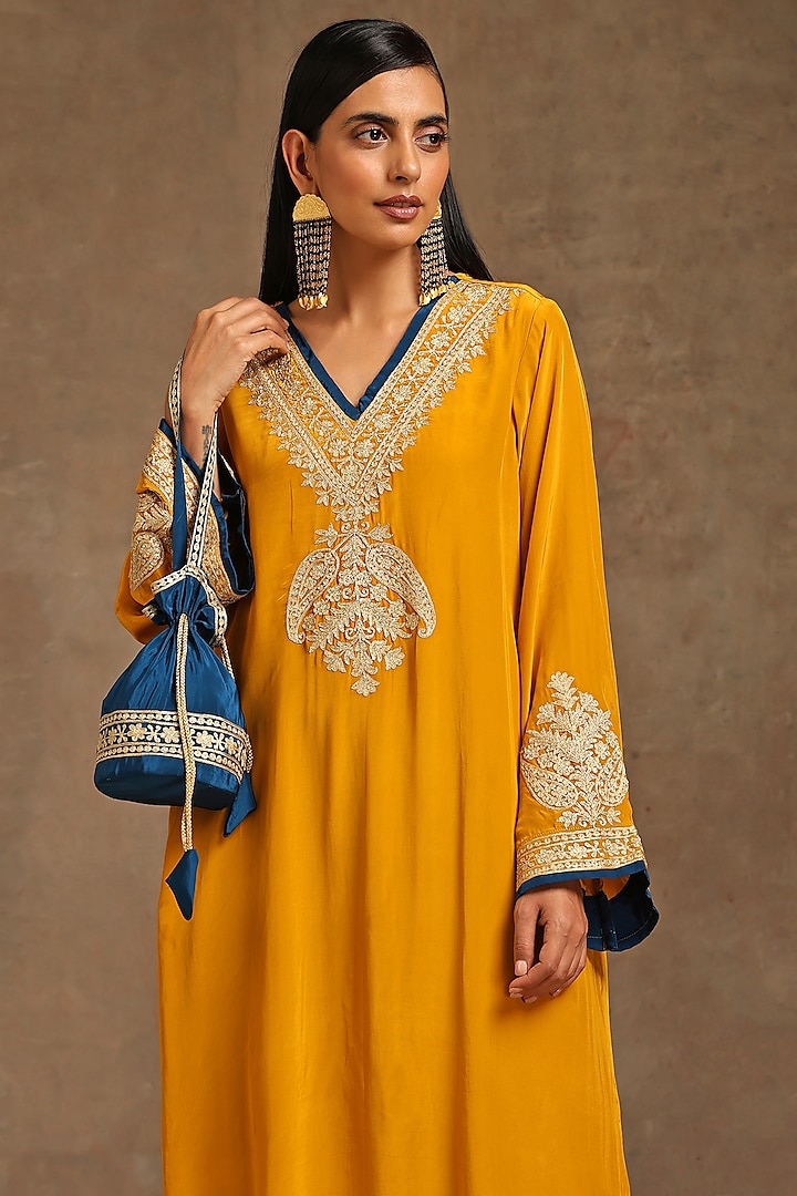 Mustard Crepe Embroidered Pheran Kurta Set by Wazir C at Pernia's Pop Up Shop