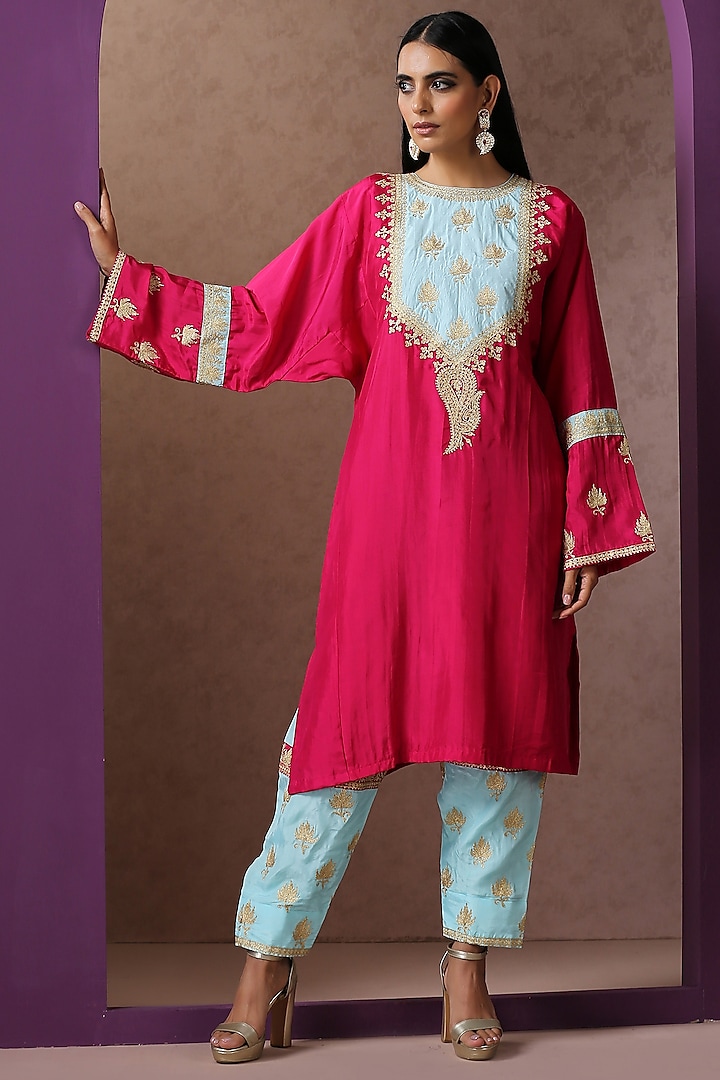 Hot Pink & Sky Blue Silk Embroidered Pheran Kurta Set by Wazir C