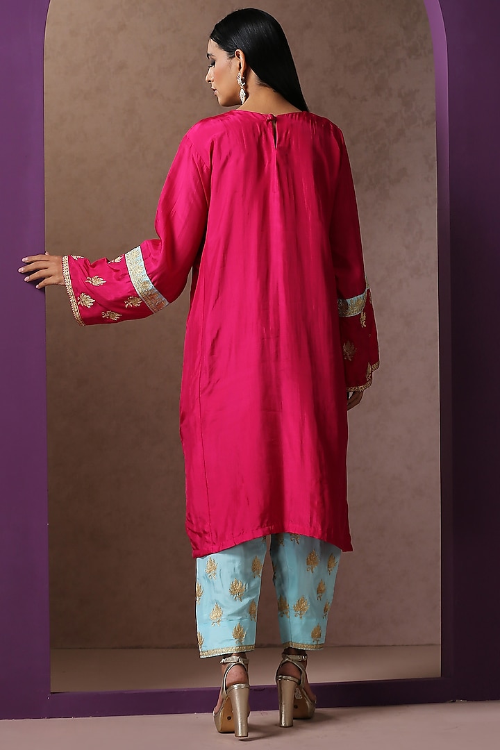 Hot Pink & Sky Blue Silk Embroidered Pheran Kurta Set by Wazir C at Pernia's Pop Up Shop