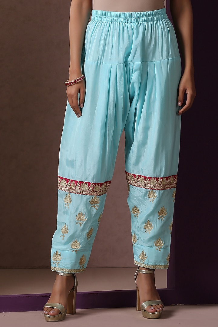Hot Pink & Sky Blue Silk Embroidered Pheran Kurta Set by Wazir C at Pernia's Pop Up Shop
