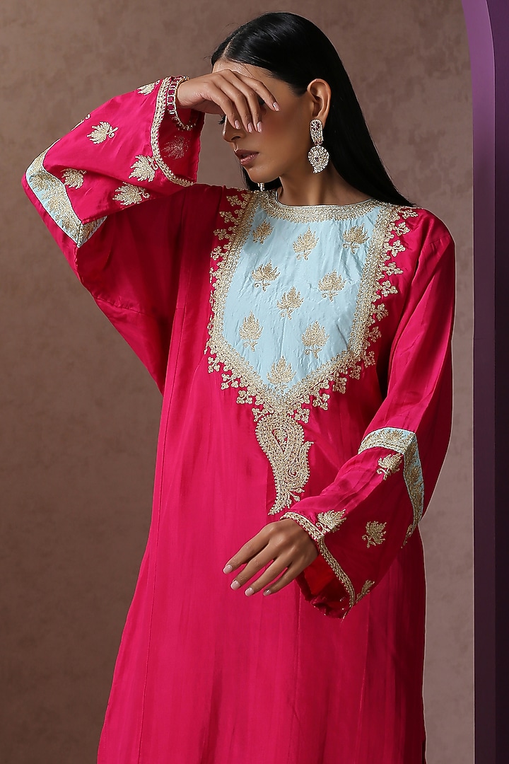 Hot Pink & Sky Blue Silk Embroidered Pheran Kurta Set by Wazir C at Pernia's Pop Up Shop