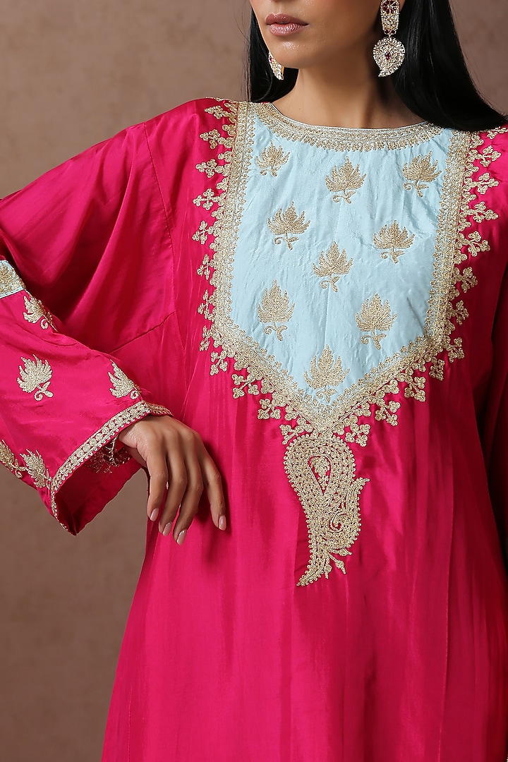 Hot Pink & Sky Blue Silk Embroidered Pheran Kurta Set by Wazir C at Pernia's Pop Up Shop