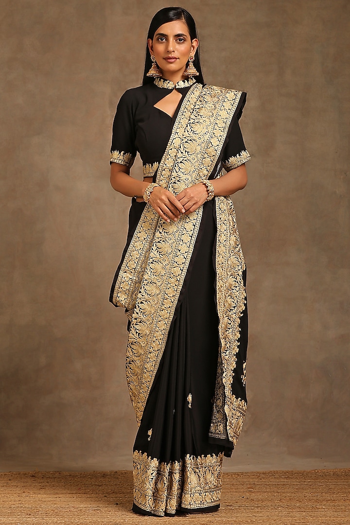 Black Crepe Embroidered Saree Set by Wazir C