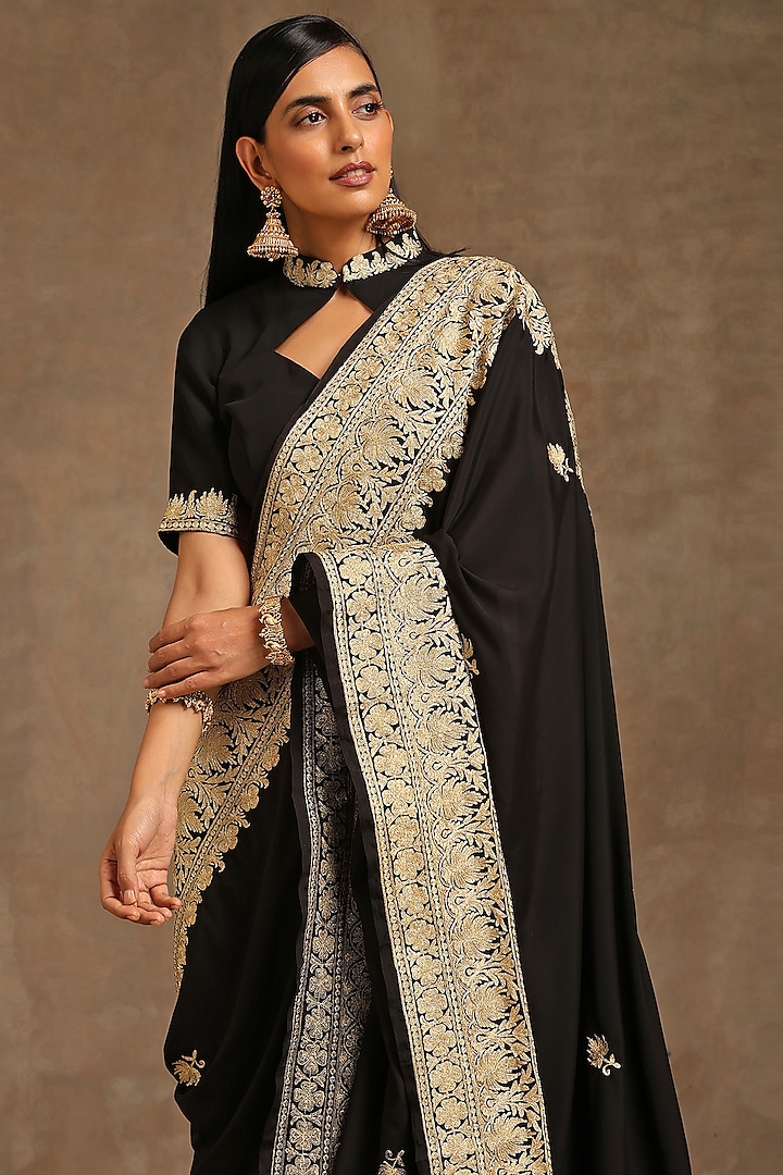 Black Crepe Embroidered Wedding Saree Set by Wazir C at Pernia's Pop Up Shop