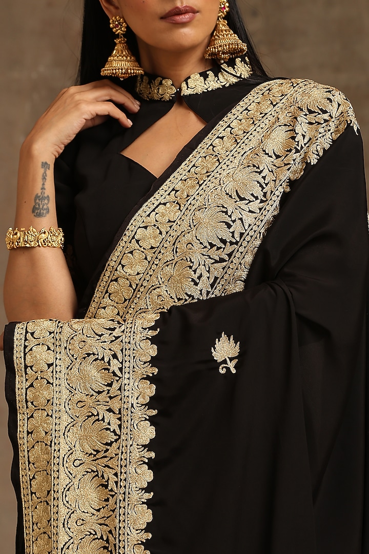 Black Crepe Embroidered Wedding Saree Set by Wazir C at Pernia's Pop Up Shop