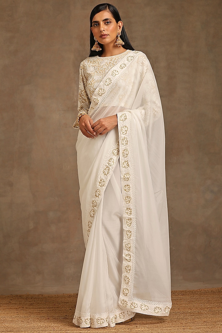 Off-White Organza & Georgette Embroidered Saree Set by Wazir C