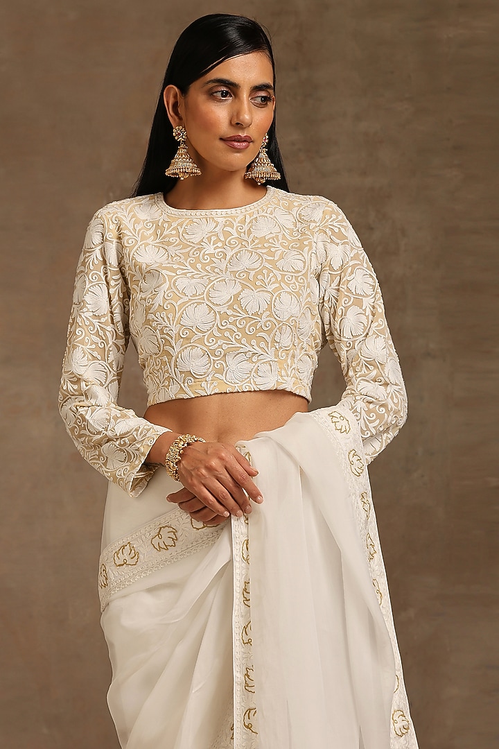 Off-White Organza & Georgette Embroidered Party Wear Saree Set by Wazir C at Pernia's Pop Up Shop