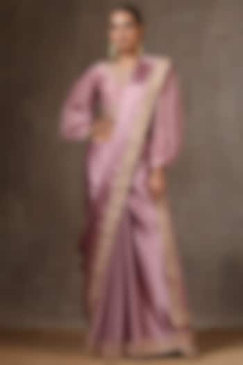 Dusty Pink Satin Embroidered Saree Set by Wazir C