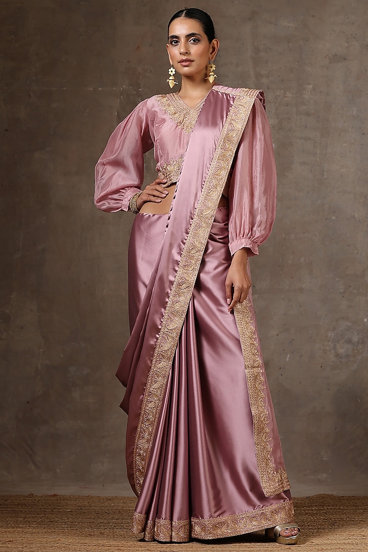 Dusty Pink Satin Embroidered Saree Set by Wazir C