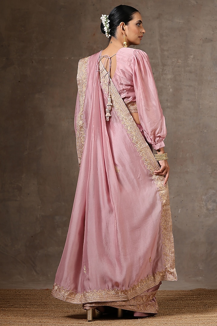 Dusty Pink Satin Embroidered Party Wear Saree Set by Wazir C at Pernia's Pop Up Shop