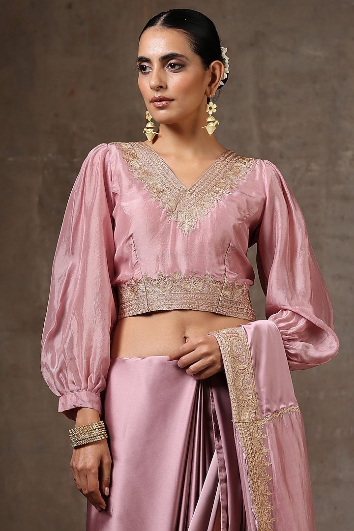 Dusty Pink Satin Embroidered Party Wear Saree Set by Wazir C at Pernia's Pop Up Shop