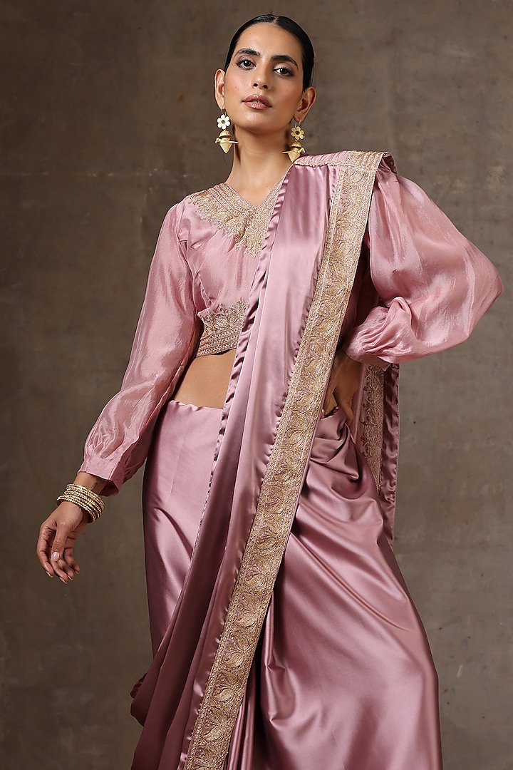 Dusty Pink Satin Embroidered Party Wear Saree Set by Wazir C at Pernia's Pop Up Shop