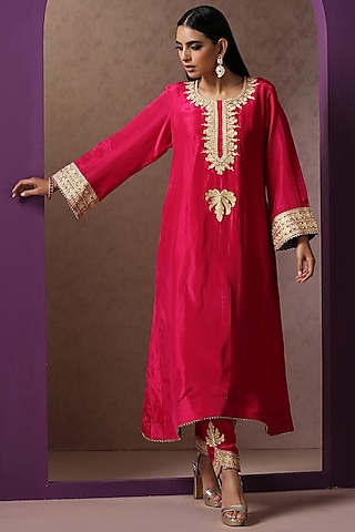 Hot Pink Silk Embroidered A-Line Kurta Set by Wazir C