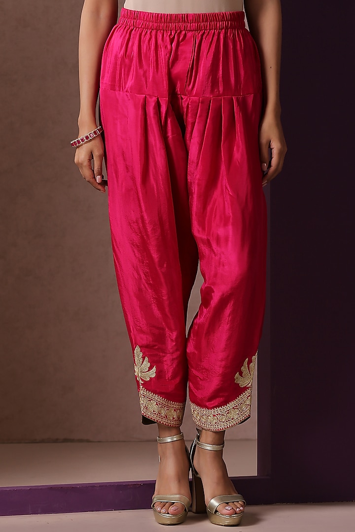 Hot Pink Silk Embroidered A-Line Kurta Set by Wazir C at Pernia's Pop Up Shop