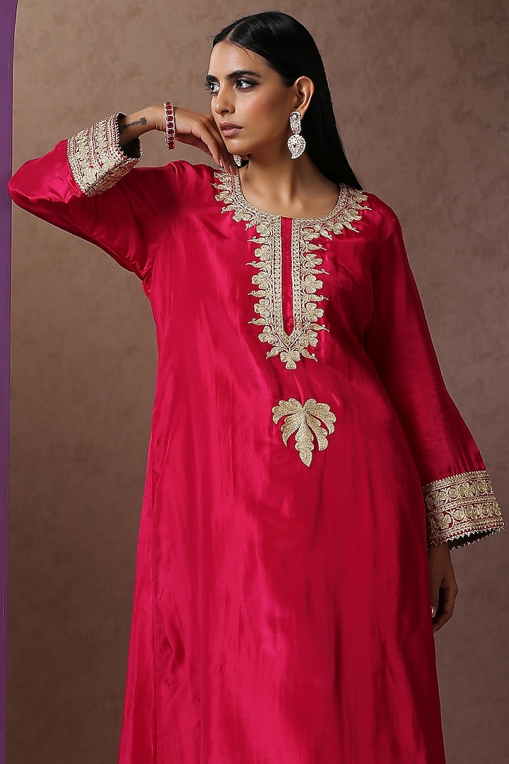 Hot Pink Silk Embroidered A-Line Kurta Set by Wazir C at Pernia's Pop Up Shop