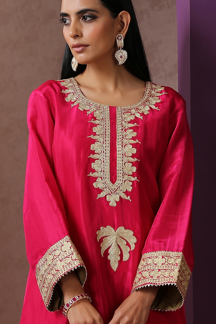 Hot Pink Silk Embroidered A-Line Kurta Set by Wazir C at Pernia's Pop Up Shop