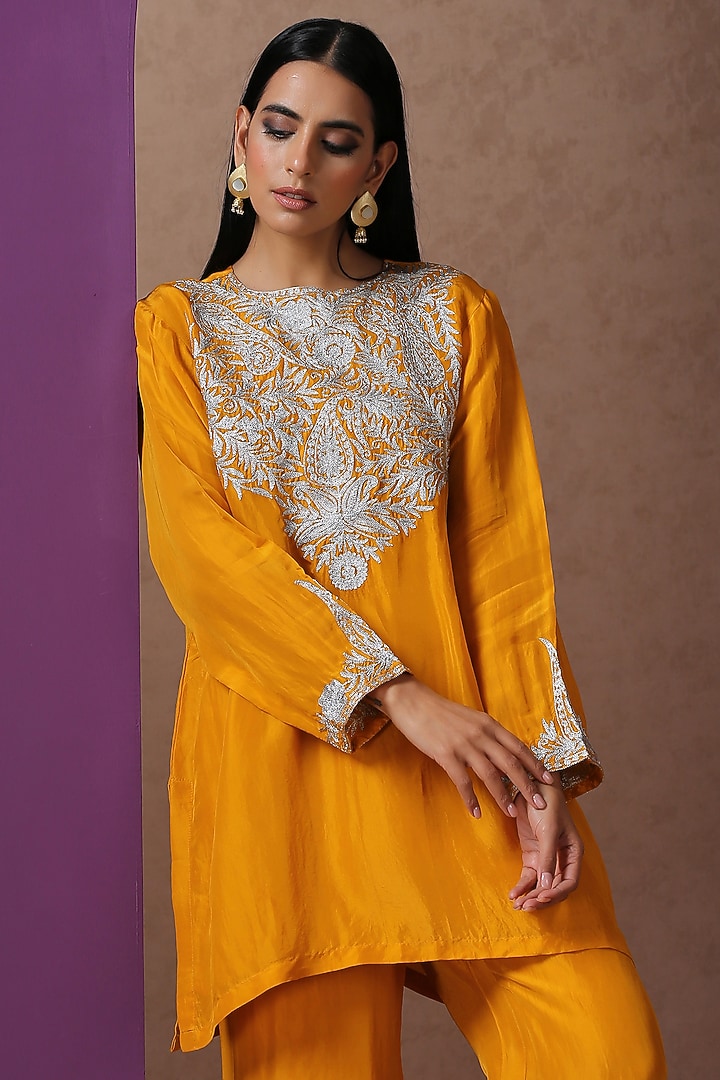 Mustard Silk Embroidered Kurta Set by Wazir C at Pernia's Pop Up Shop