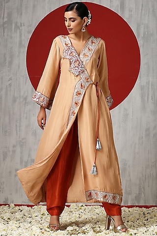 Beige Silk Embroidered Kurta Set by Wazir C