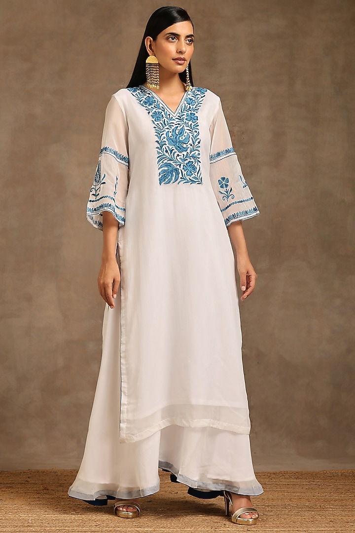 White Organza Embroidered Kurta Set by Wazir C at Pernia's Pop Up Shop