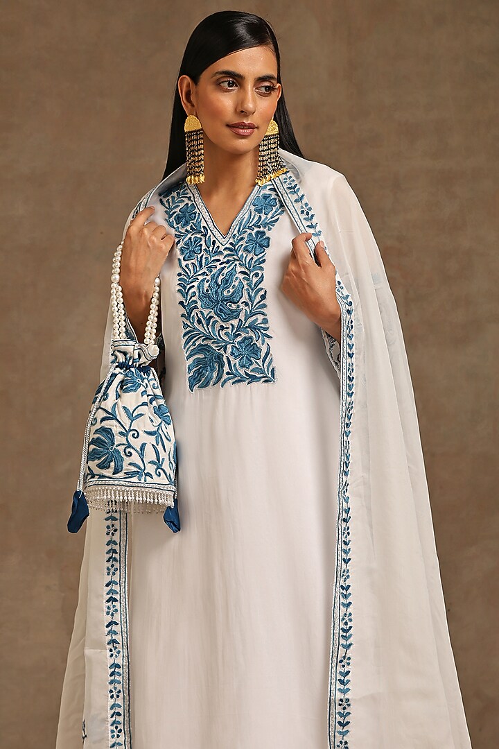 White Organza Embroidered Kurta Set by Wazir C at Pernia's Pop Up Shop
