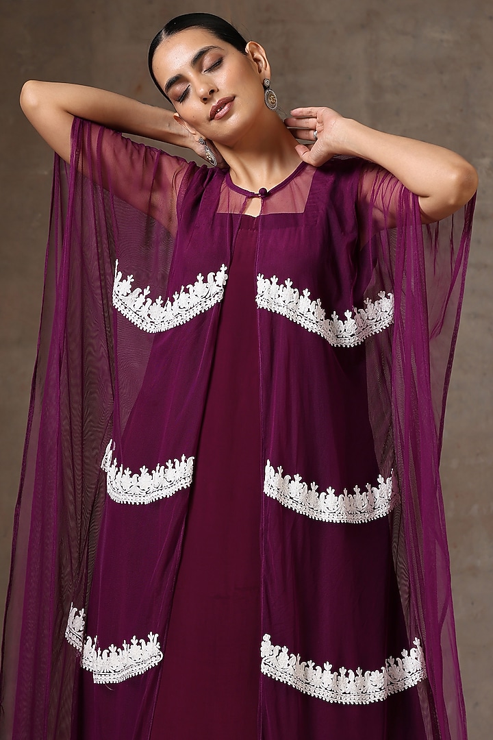 Purple Net Embroidered Kaftan by Wazir C at Pernia's Pop Up Shop