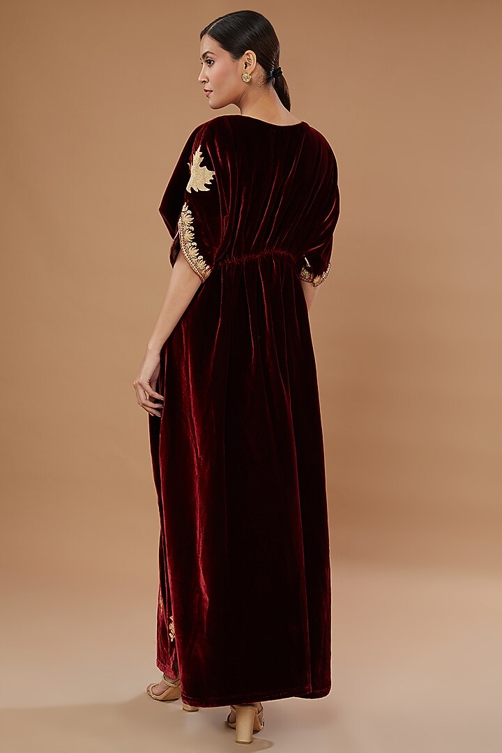 Maroon Velvet Embroidered Kaftan by Wazir C at Pernia's Pop Up Shop