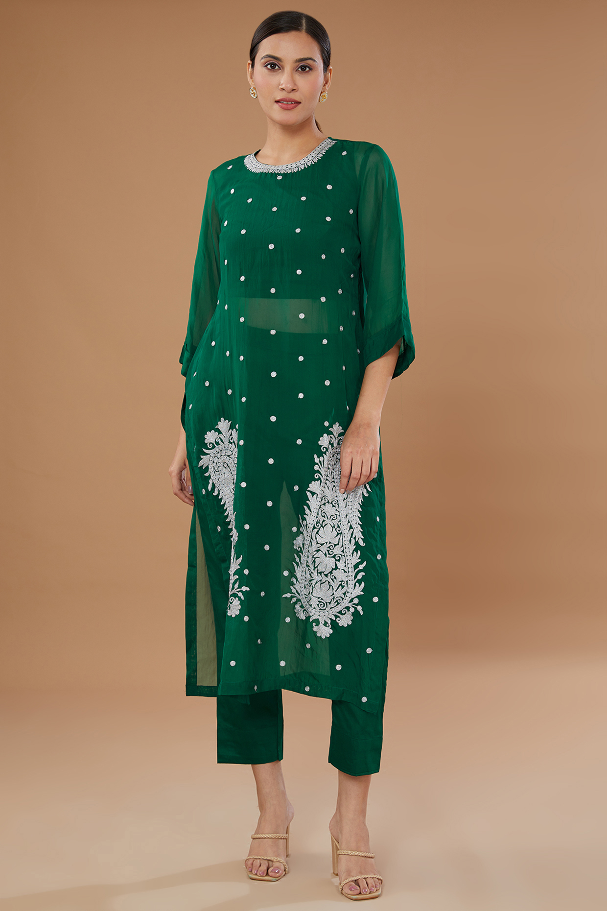 Bottle Green Organza Embroidered Kurta Set by Wazir C at Pernia's Pop Up Shop