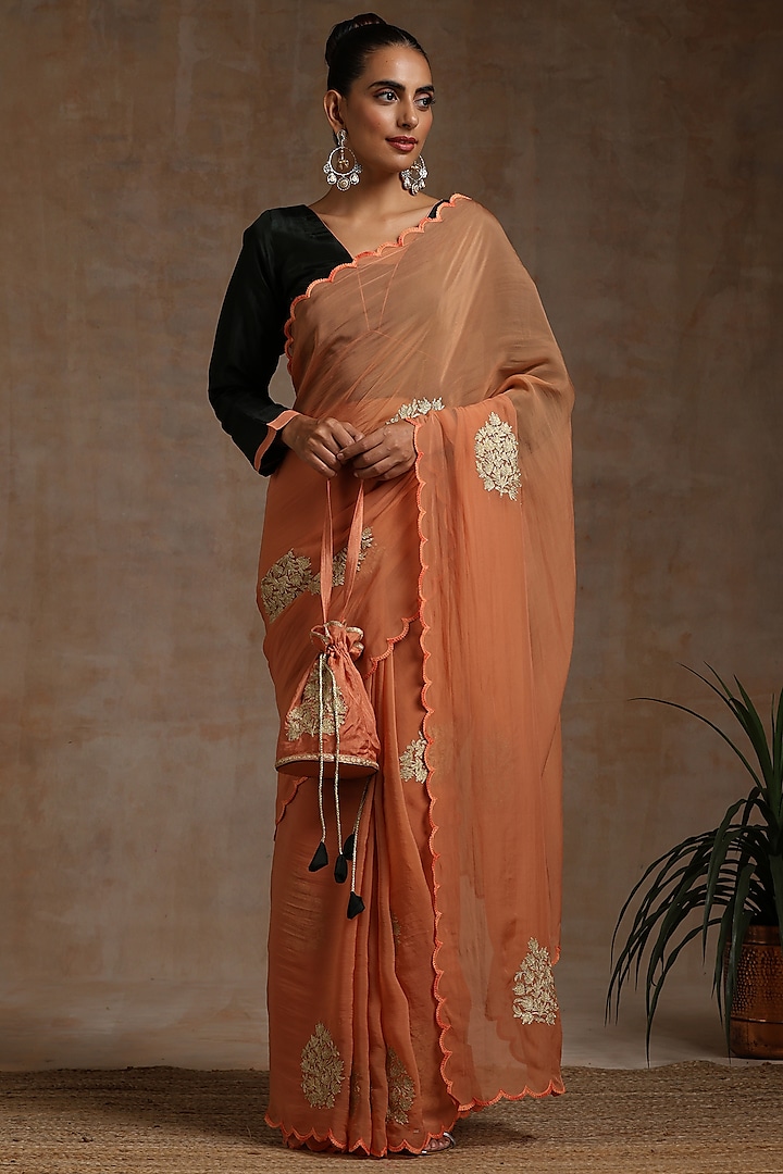 Rust Organza Embroidered Saree Set by Wazir C at Pernia's Pop Up Shop