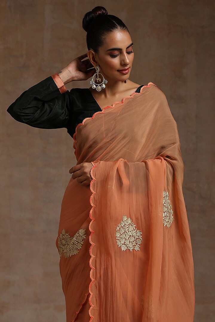 Rust Organza Embroidered Party Wear Saree Set by Wazir C at Pernia's Pop Up Shop