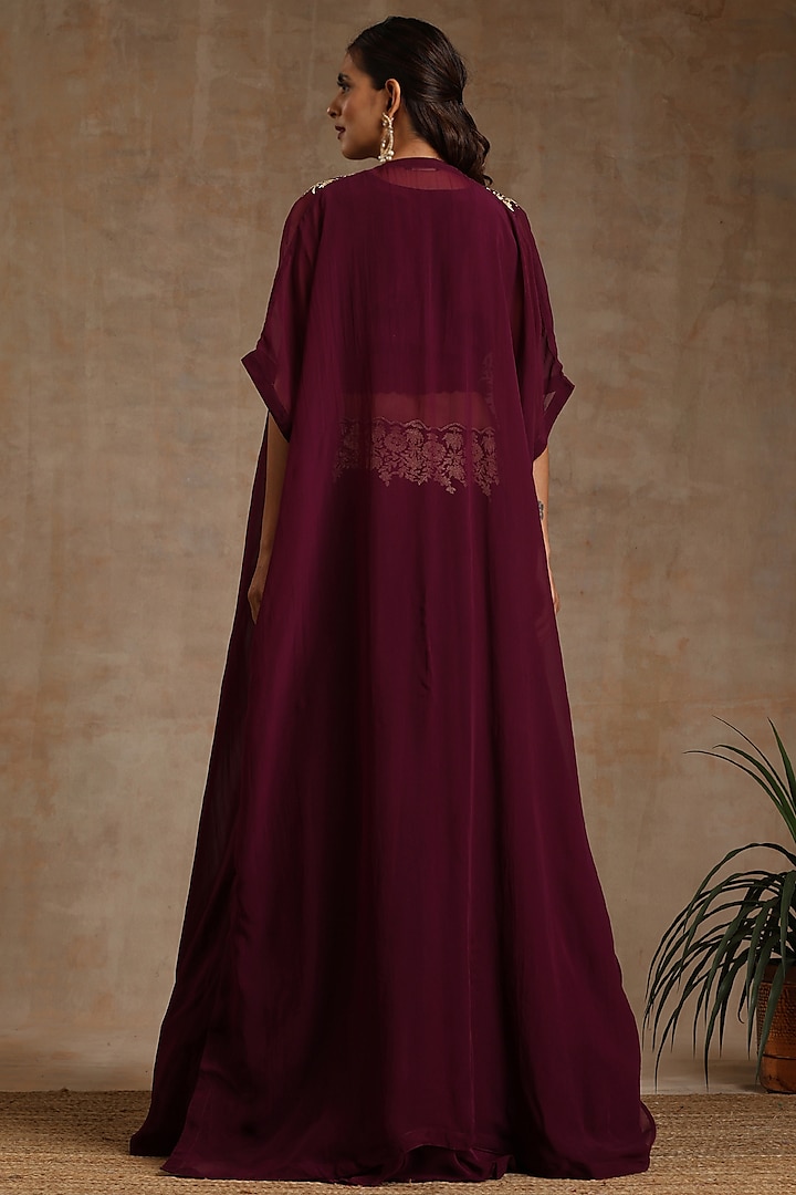 Wine Organza Embroidered Wedding Lehenga Set by Wazir C at Pernia's Pop Up Shop