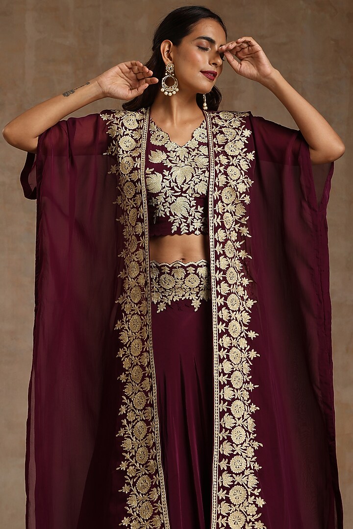 Wine Organza Embroidered Wedding Lehenga Set by Wazir C at Pernia's Pop Up Shop